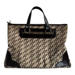 Vintage Saks Fifth Avenue Jacquard Tote Brown Leather Trim 90s Designer Bag